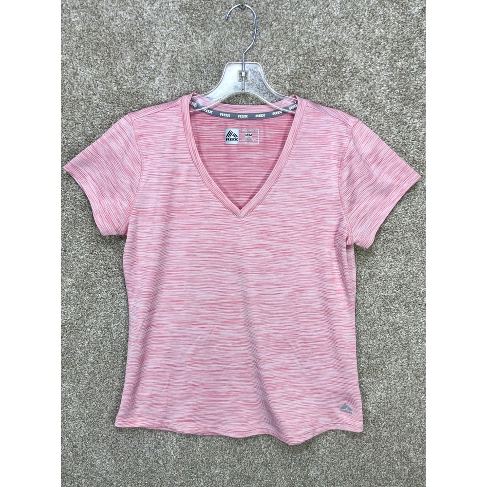 RBX Performance Space Dye V-Neck Activewear Top Women Medium Pink Short Sleeve